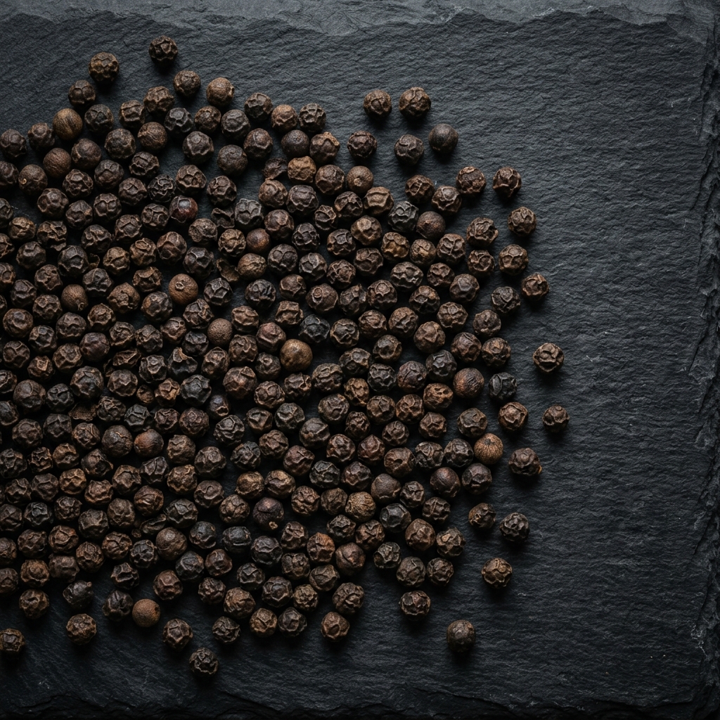 Whole garbled destalked Indian black peppercorns